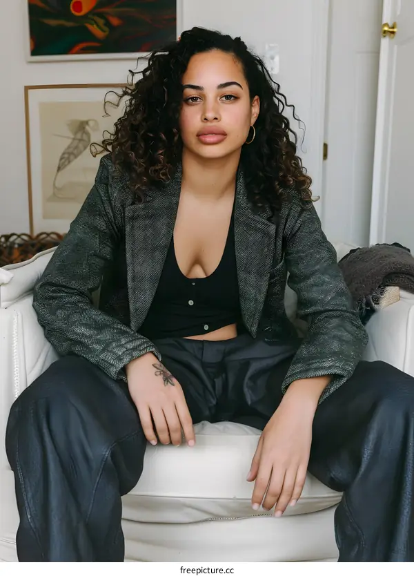 Portrait of a young woman with curly hair in a green blazer