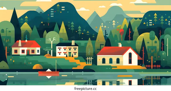Flat Design Illustration of a Small Village with Houses and Trees