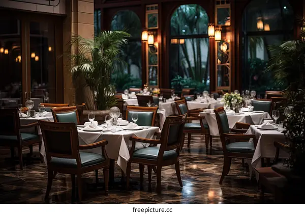 Elegant restaurant interior with green plants and large windows