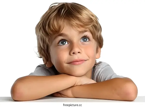 Portrait of a Young Boy Looking Up with a Curious Expression
