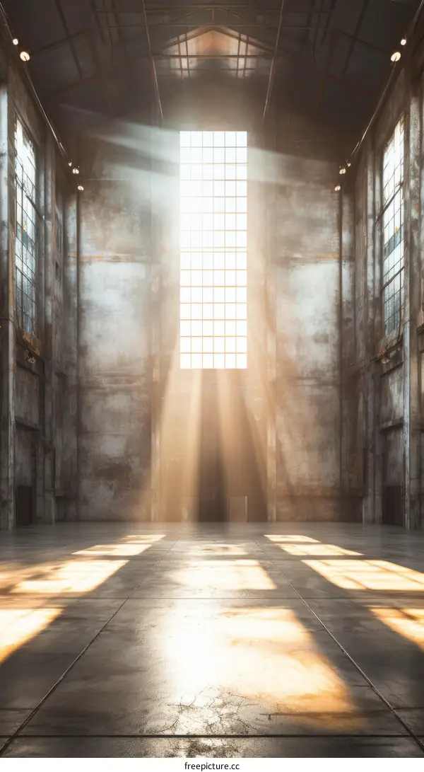 rays of light shining through a large window in an empty warehouse