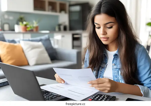 Young Woman Reviewing Documents at Home