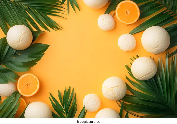 Tropical Summer Background with Oranges and Palm Leaves