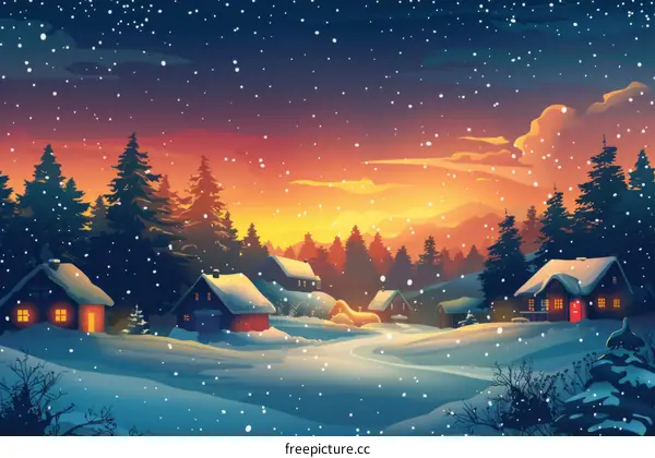 Snowy village in the mountains at sunset