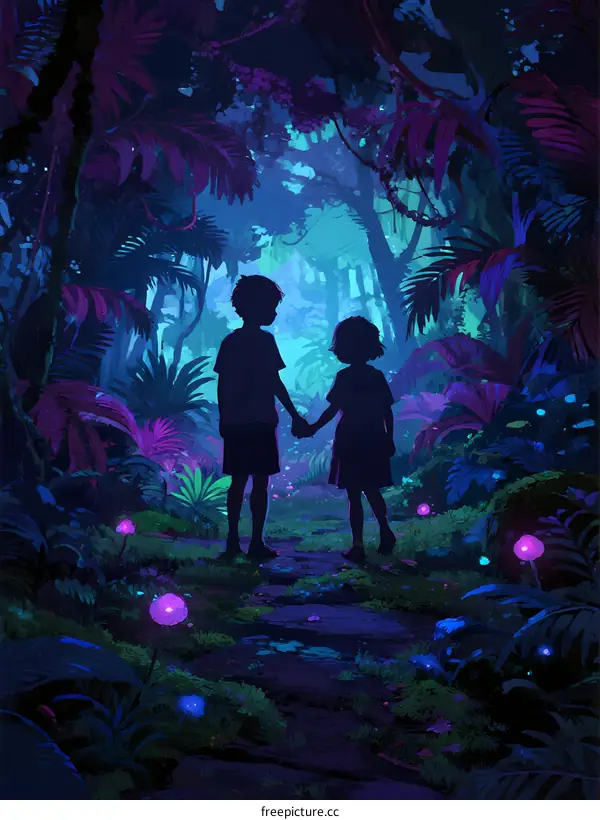 Two Children Holding Hands in a Glowing Magical Forest