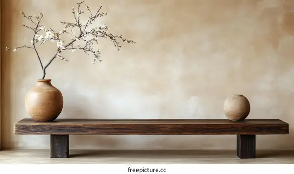 Minimalist Wooden Bench with Vase and Blossoms