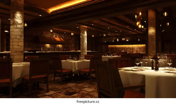 Elegant Rustic Restaurant Interior Design with Wooden Beams and Stone Walls
