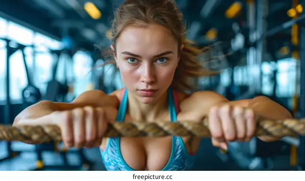 Young caucasian female athlete doing a rope pulling exercise in a gym