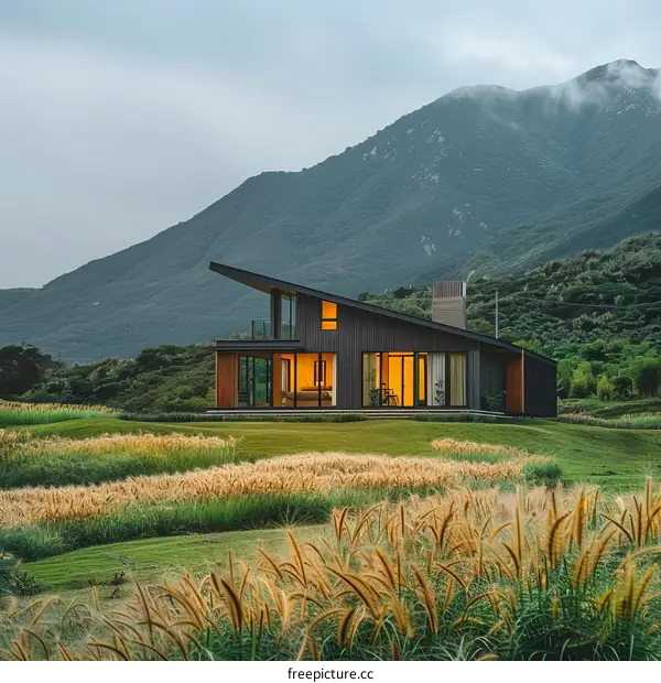 Modern Mountain House with Large Glass Windows and a Green Roof