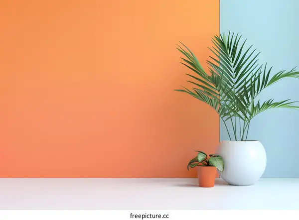 Minimalist Background with Palm Tree and Potted Plant on a White Surface