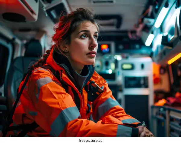 A female paramedic sits in the back of an ambulance looking out the window