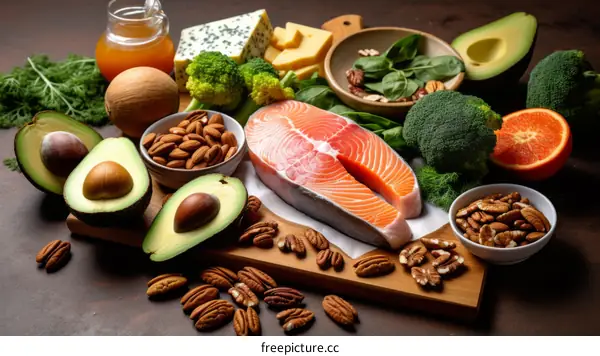 An Illustration Depicting an Assortment of Healthy Dietary Items such as Vegetables, Fruits, Fish, and Nuts