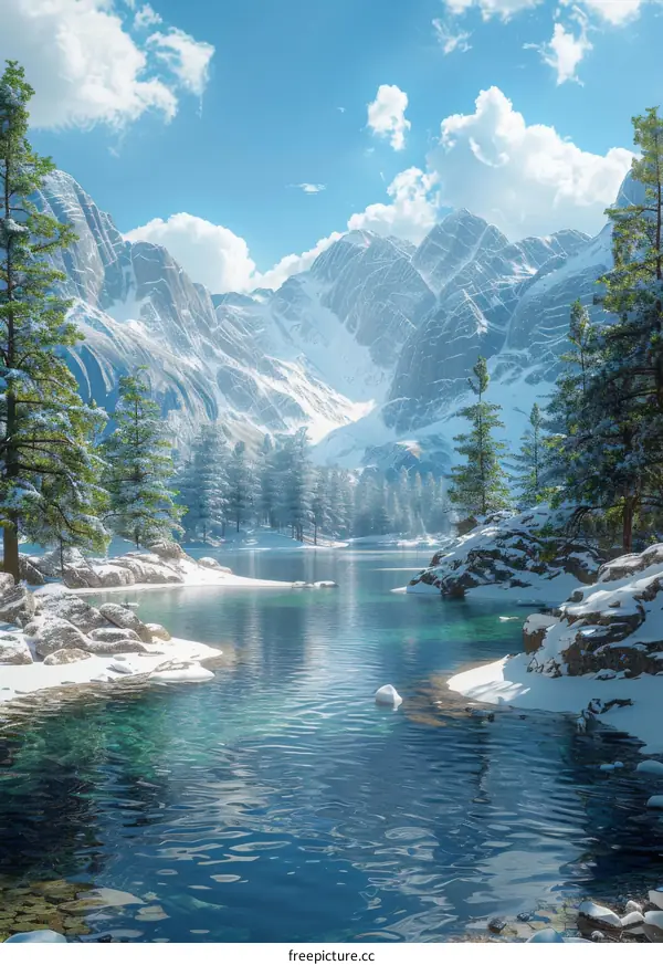 Snowy Mountain Landscape with Lake and Trees
