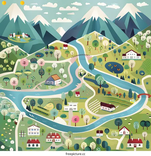 Spring Landscape Illustration With River and Mountains