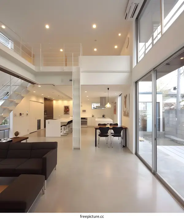 Modern Minimalist Interior Design of a Two Story House with Large Windows and a View of the Backyard