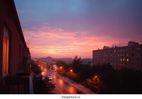 Cityscape at Dusk with Colorful Sky