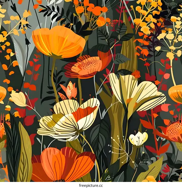 Abstract Colorful Floral Pattern with Green Leaves and Orange Flowers