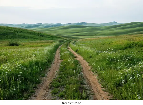 Dirt Road Winding Through Lush Green Meadow with Rolling Hills