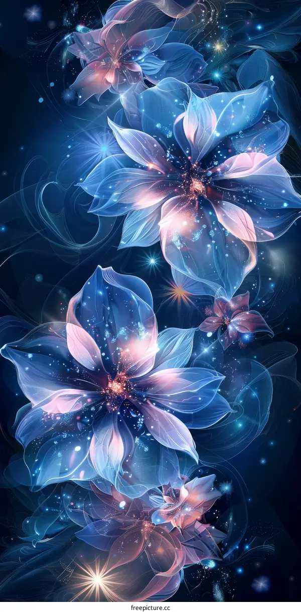 Blooming Blue and Pink Flowers Against a Night Sky