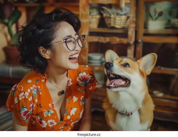 A woman and her dog are sitting on the floor in a kitchen.