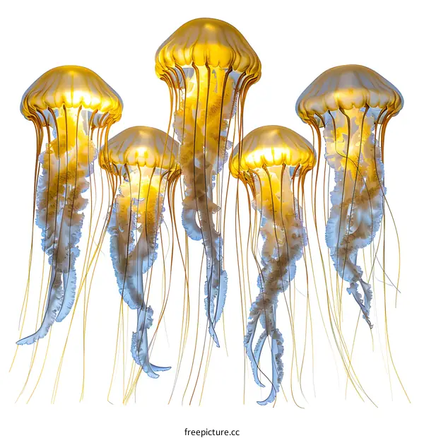Group of five yellow jellyfish