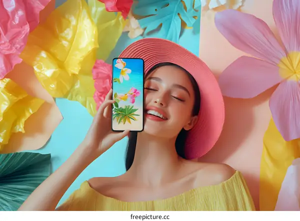 Woman in Hat Holding Phone with Beach Photo