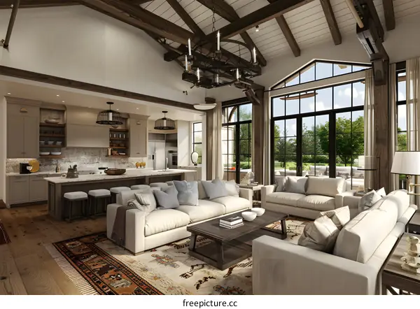 Modern Farmhouse Living Room with Large Windows and Exposed Beams