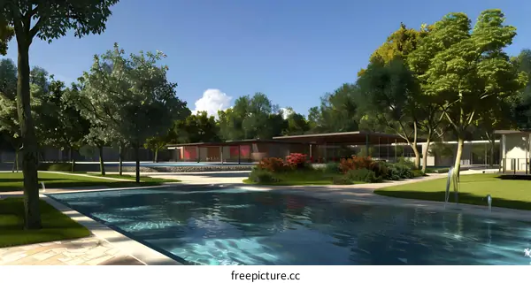 Modern Swimming Pool Design with Lush Green Trees