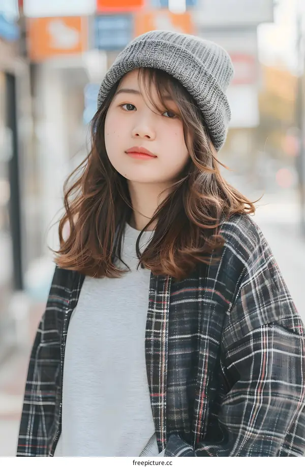 Young Asian Woman in Plaid Shirt and Gray Beanie
