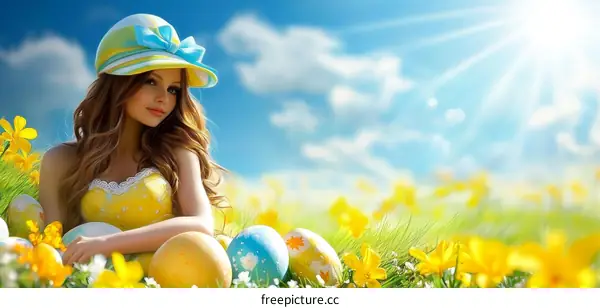 Beautiful Woman in Spring Field with Easter Eggs