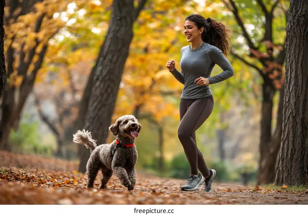 Woman Running with Dog in Autumn Park