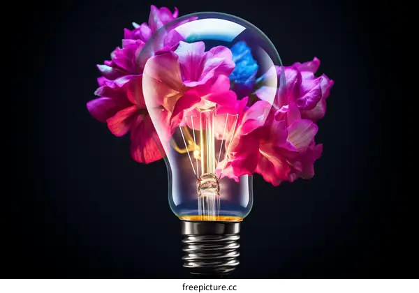 Light bulb with colorful flowers and dark background