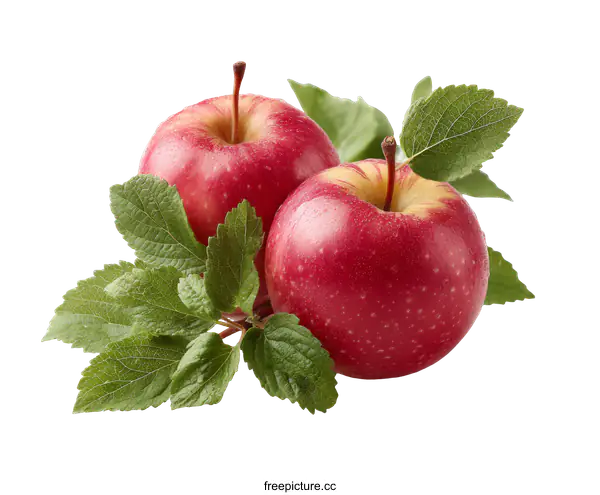 [Transparent Background PNG]Fresh Red Apples with Leaves Studio Shot
