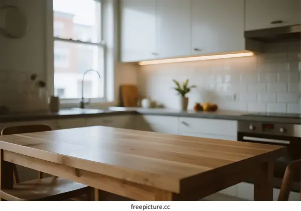 Modern kitchen with wooden table and white cabinets
