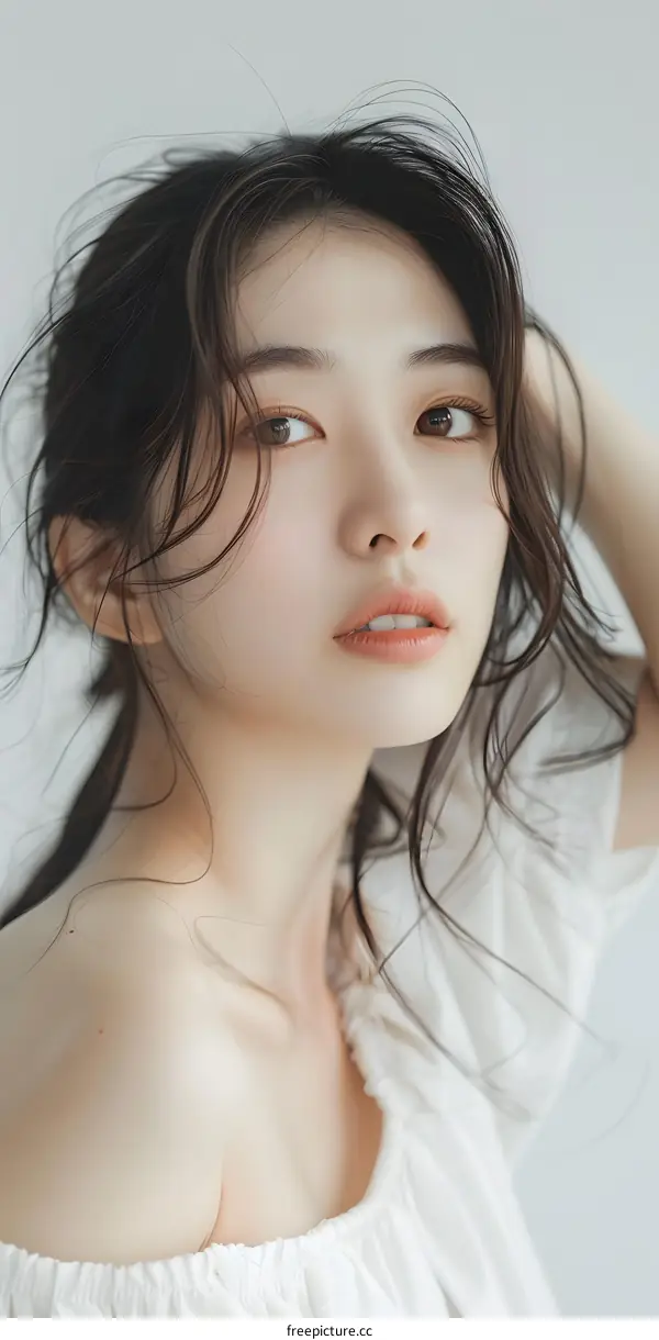 Asian Woman with Long Black Hair and White Shirt