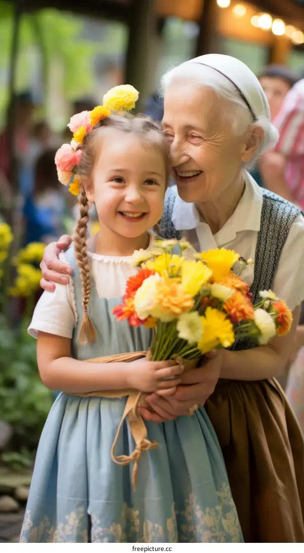 Little girl hugging an elderly woman