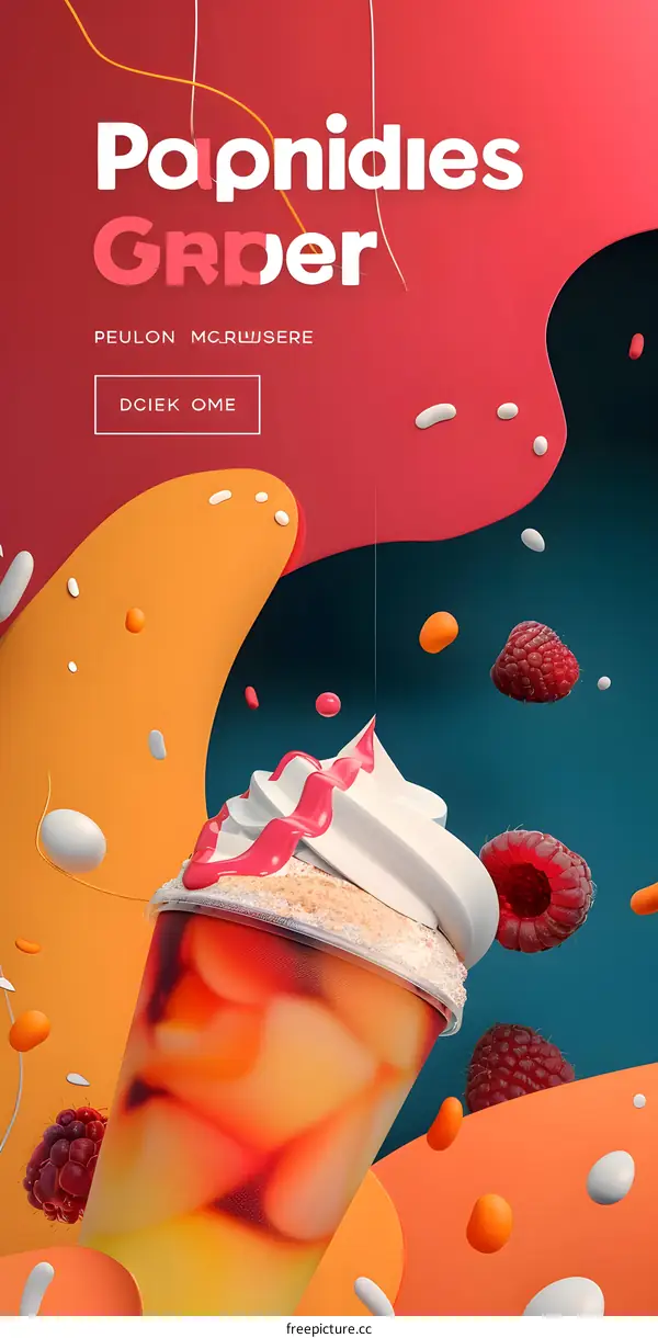 3D Rendering of Delicious Fruit Juice with Whipped Cream and Raspberries