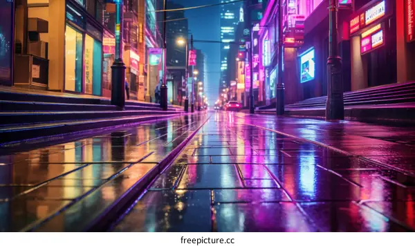 Neon Lights in the Rain: Deserted Cyberpunk City