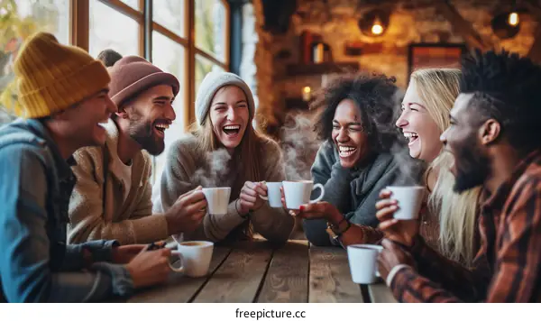 A group of diverse friends laughing and drinking coffee in a cafe