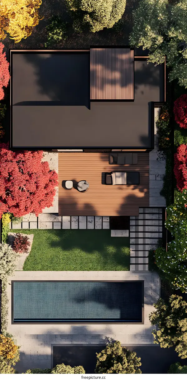 Modern House with Swimming Pool and Deck in Aerial View