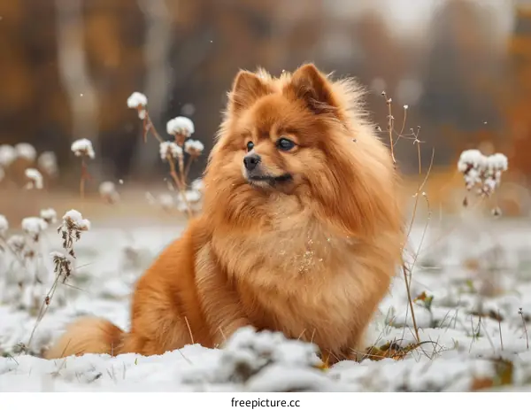 A fluffy orange Pomeranian dog sits in a snowy field