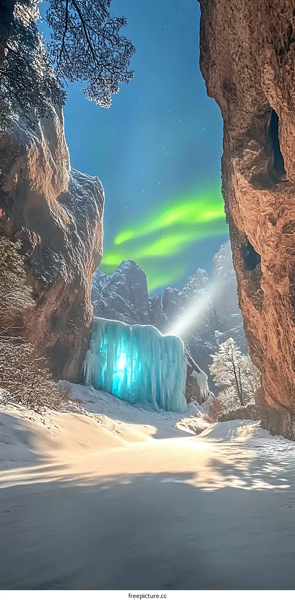 Frozen Waterfall And Northern Lights In Winter