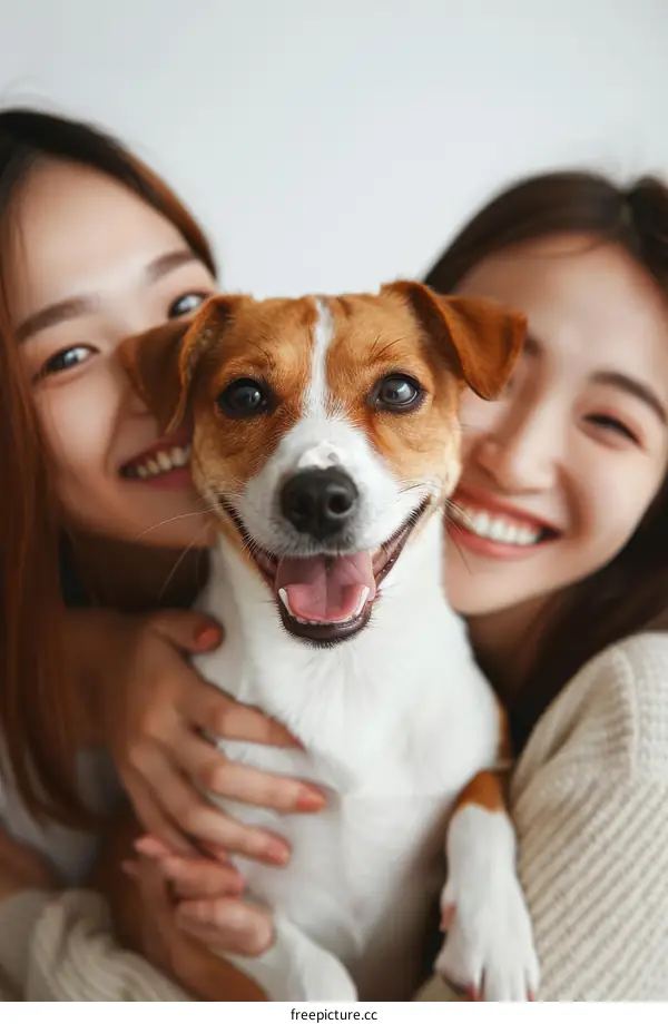 Two Asian women hugging a small dog