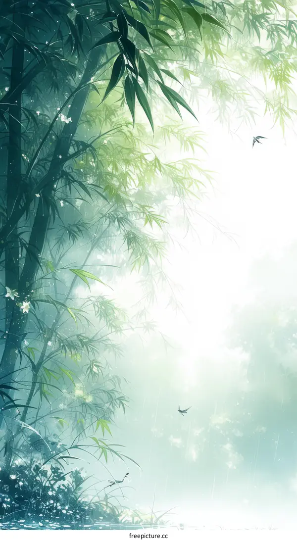 Misty bamboo forest with birds