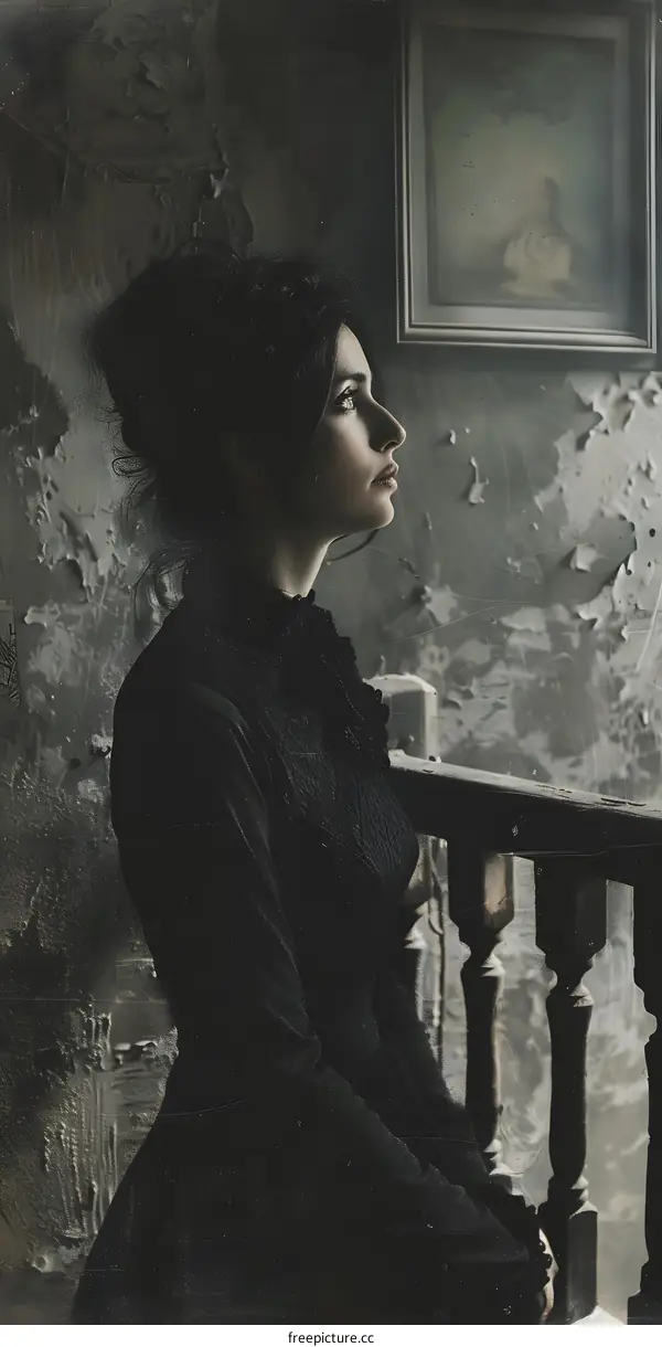 Woman in Black Dress Standing on Stairs