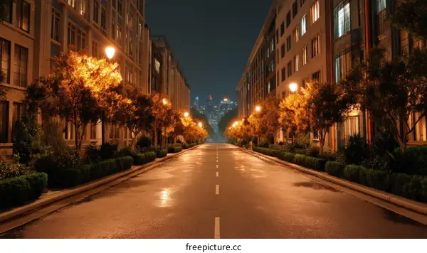 Night Street Scene with Illuminated Buildings