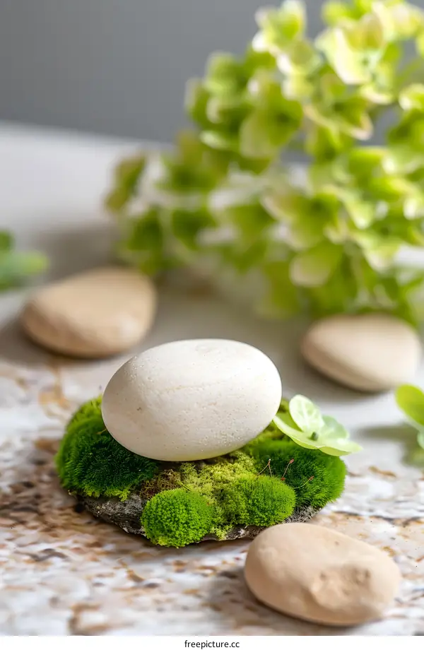 White Stone On Green Moss With Blurred Background