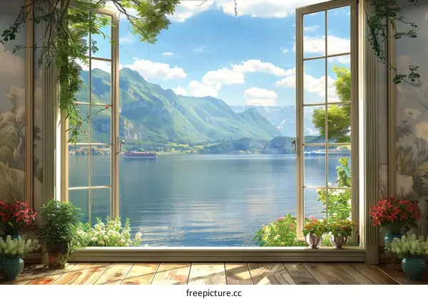 Panoramic view of mountains, lake, ship and sky from window