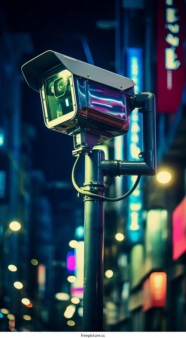 Surveillance camera mounted on a streetlight at night in a cyberpunk city