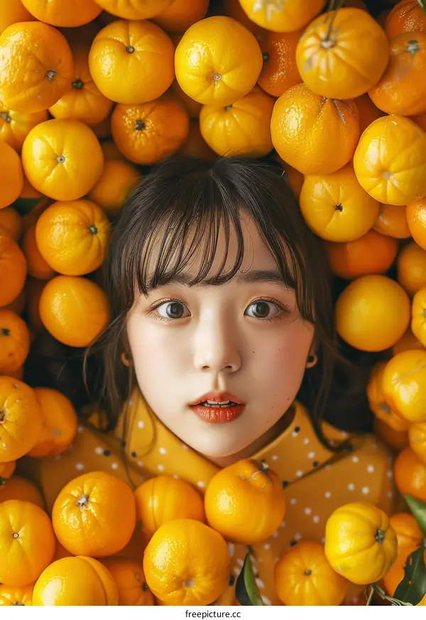 A young woman with long dark hair is lying in a bed of oranges.